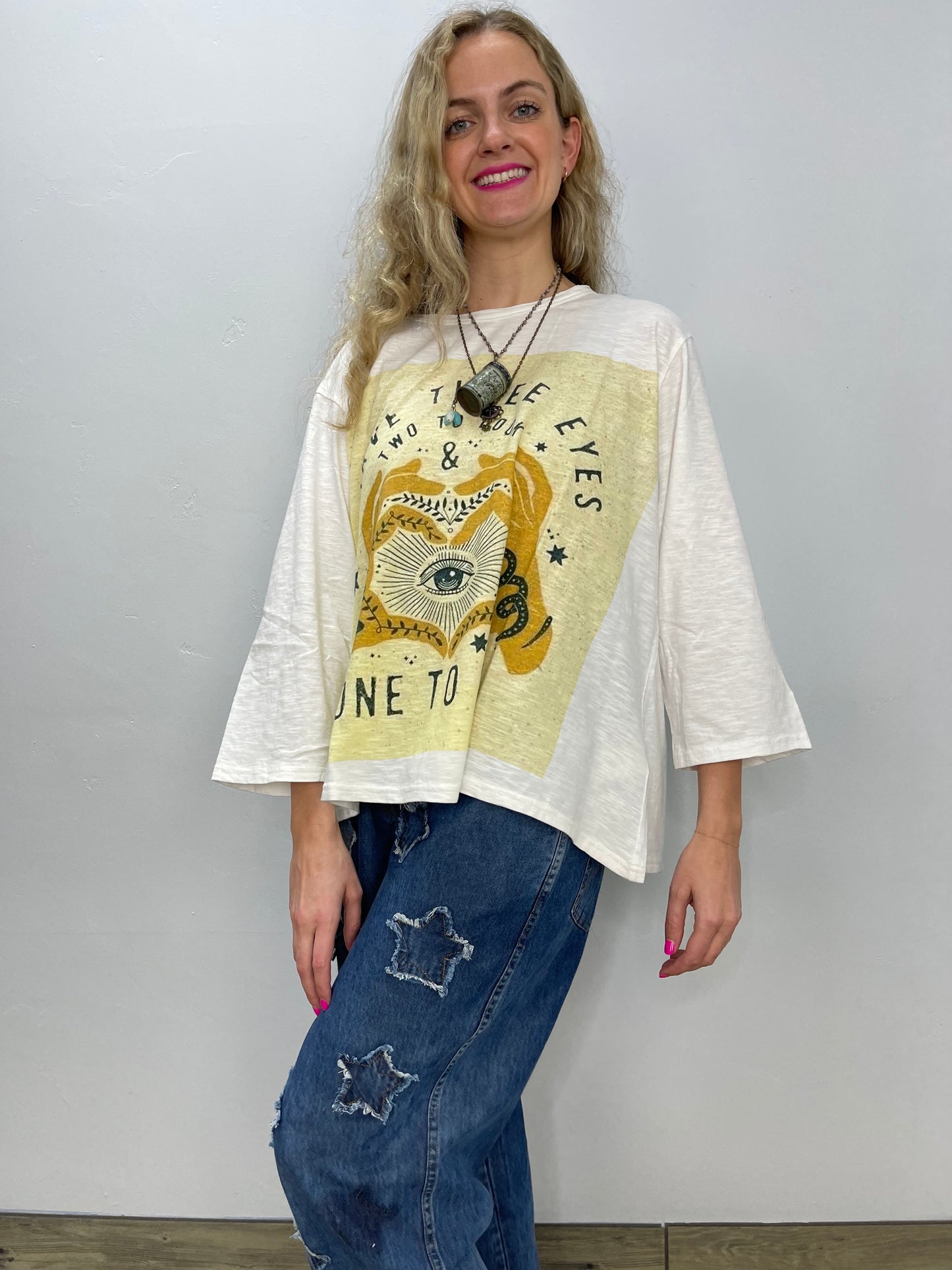 Printed Cream 3/4 Sleeve Top - One Size