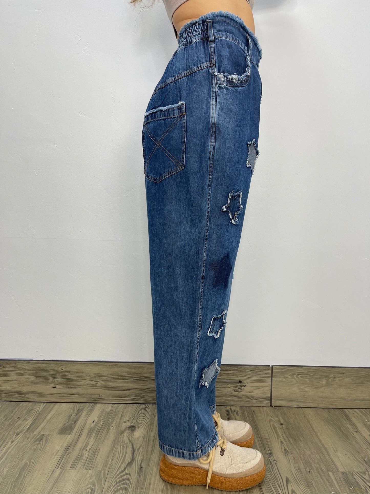 Blue Distress Star Denim Jeans with Yellow Accents - PRE ORDER