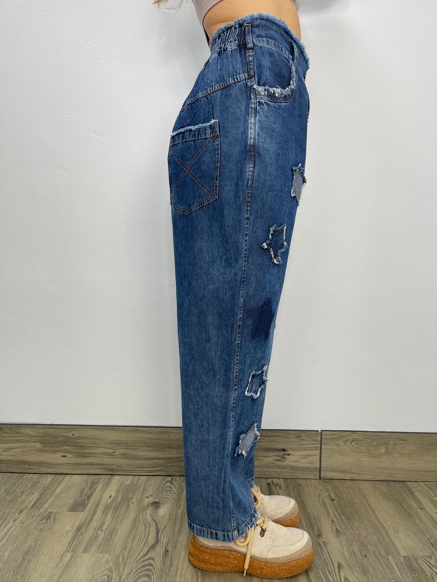 Load image into Gallery viewer, Blue Distress Star Denim Jeans with Yellow Accents

