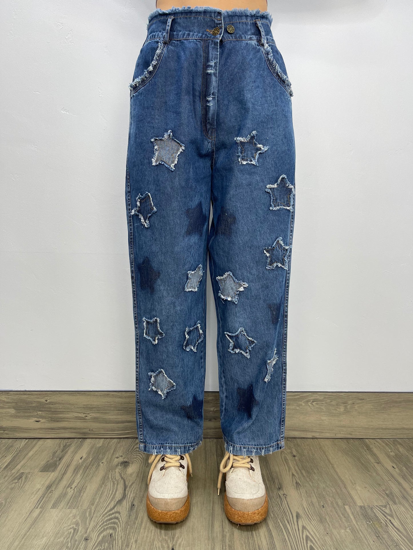 Blue Distress Star Denim Jeans with Yellow Accents - PRE ORDER