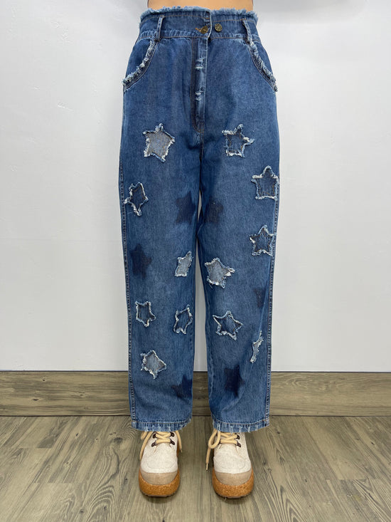 Blue Distress Star Denim Jeans with Yellow Accents