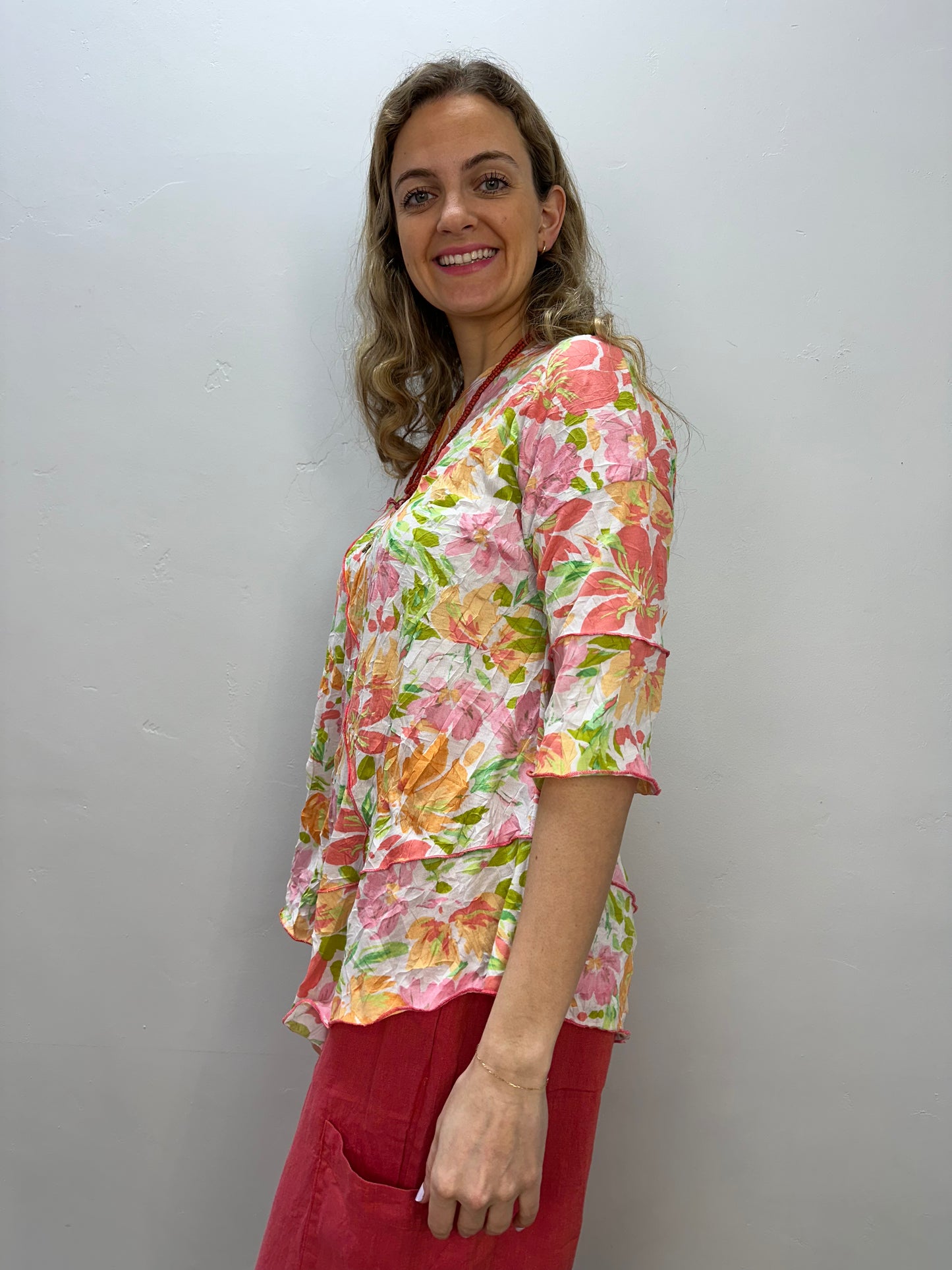 Load image into Gallery viewer, Mango Watercolor 3/4 Sleeve Asymmetric Crinkle Tunic
