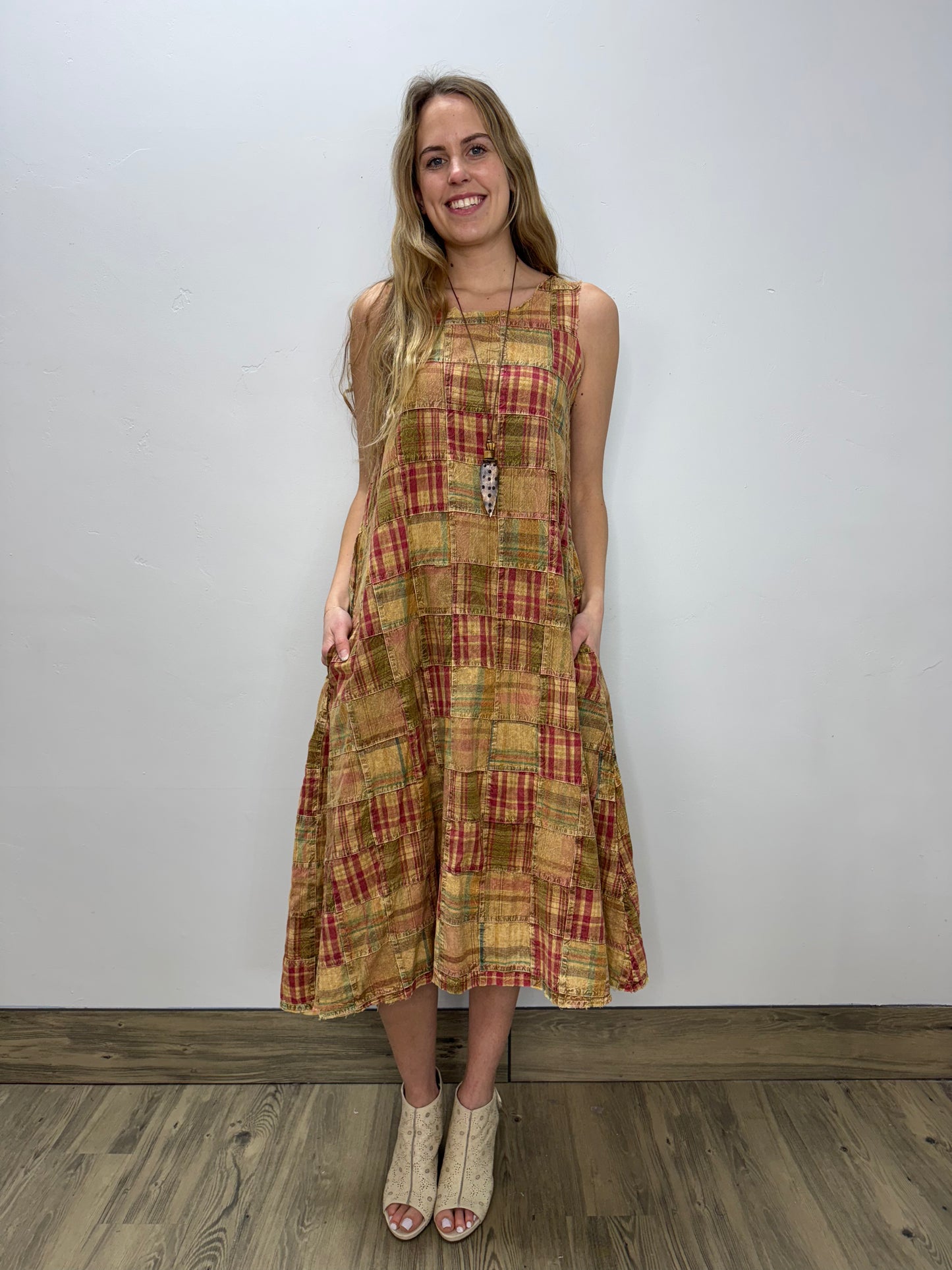 plaid print a line dress Black & White Plaid Linen A-Line Dress - Pleated Square Neckline 3479