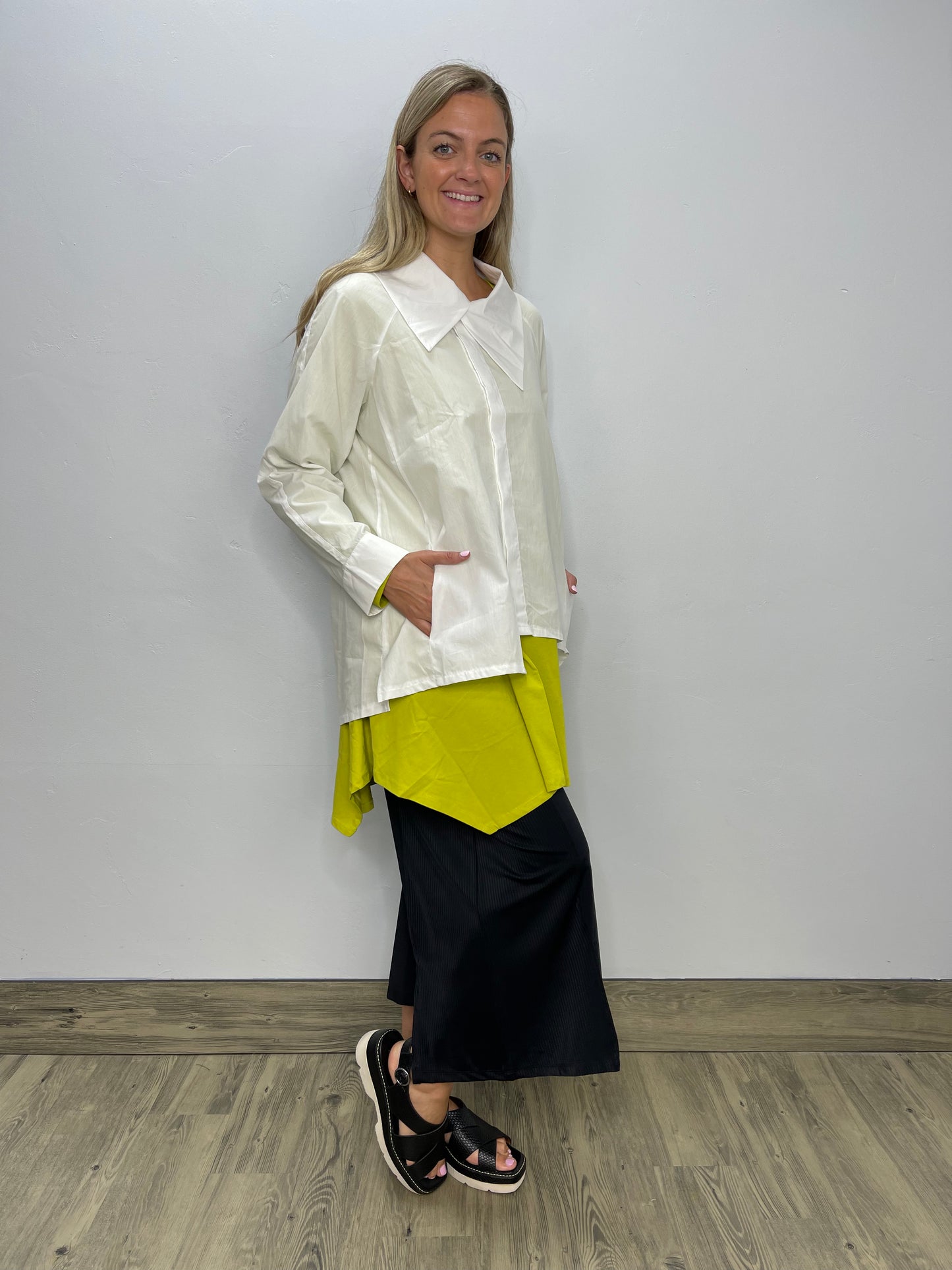 Ecru White Asymmetric Button Down Blouse