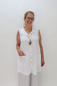 White Sleeveless Button Up Collared 100% Linen Top