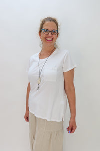 White Short Sleeve 100% Cotton Top with Pocket