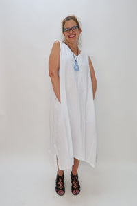 White 100% Linen V-Neck Sleeveless Dress