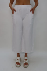 White Raw Edge Crop Pant with Side Patch Pockets