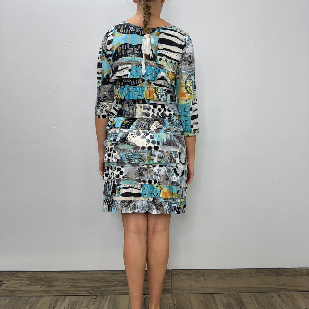 
                  
                    Blue and Yellow Abstract Painting 3/4 Sleeve Scoop Neck Ruffle Dress
                  
                