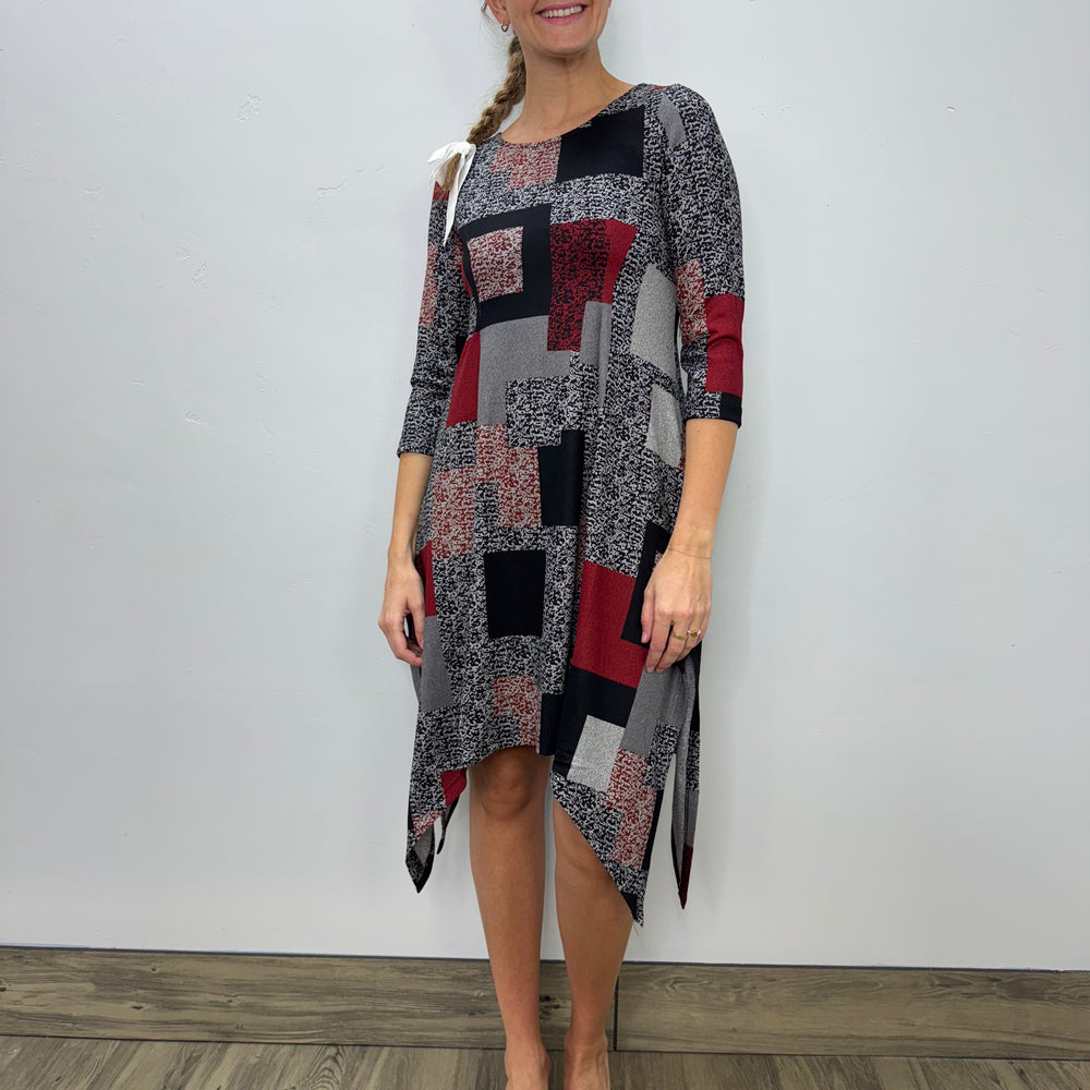 Grey and Red Blocks 3/4 Sleeve Shark-bite Dress