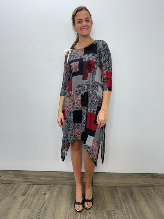 Grey and Red Blocks 3/4 Sleeve Shark-bite Dress