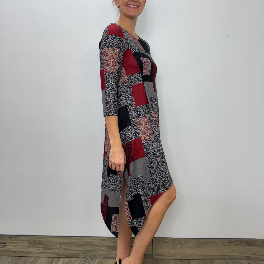 Grey and Red Blocks 3/4 Sleeve Shark-bite Dress