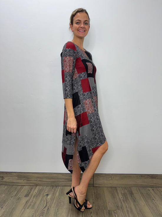 Grey and Red Blocks 3/4 Sleeve Shark-bite Dress