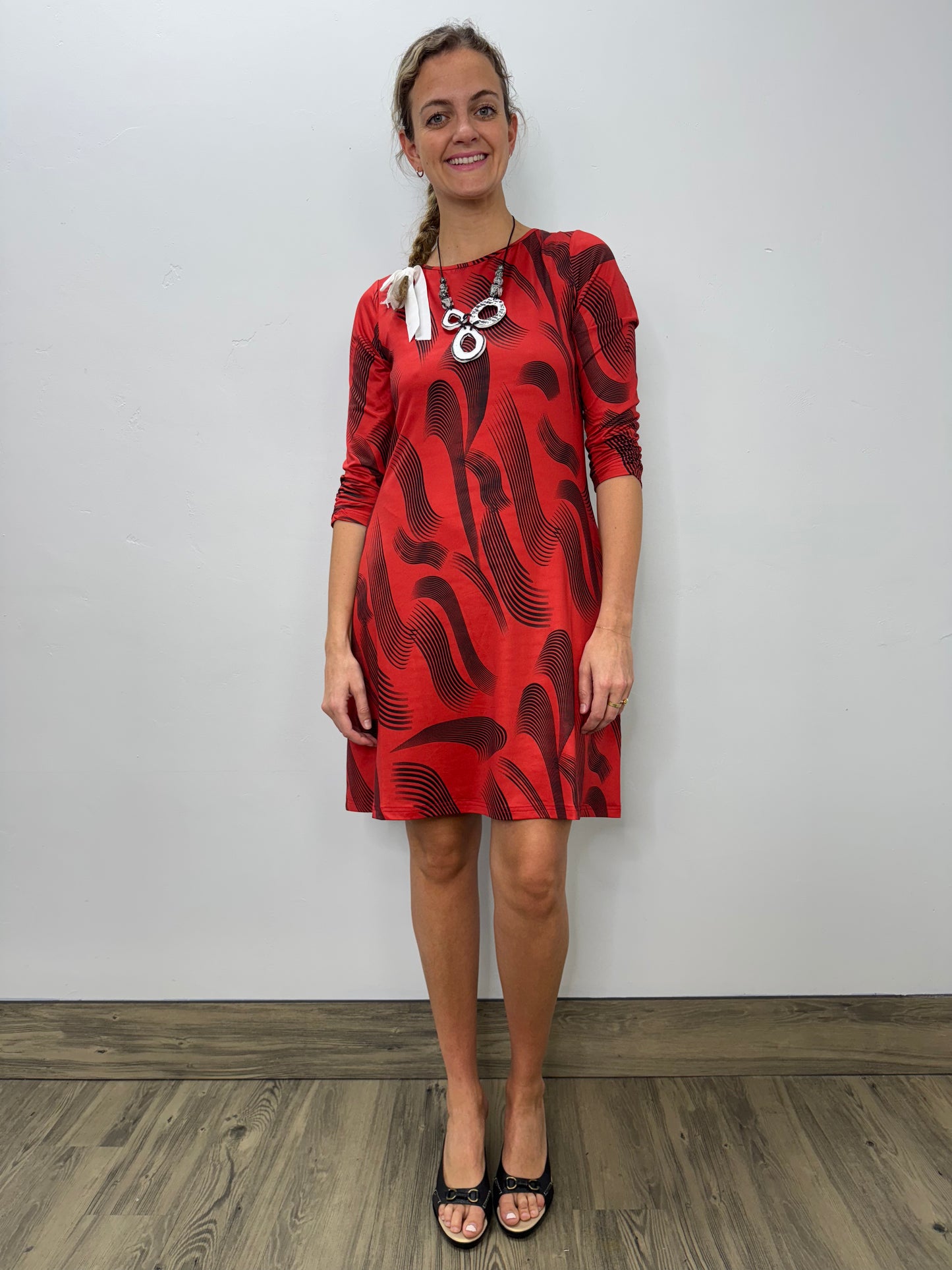 Red and Black Pattern 3/4 Sleeve 2 Pocket Dress