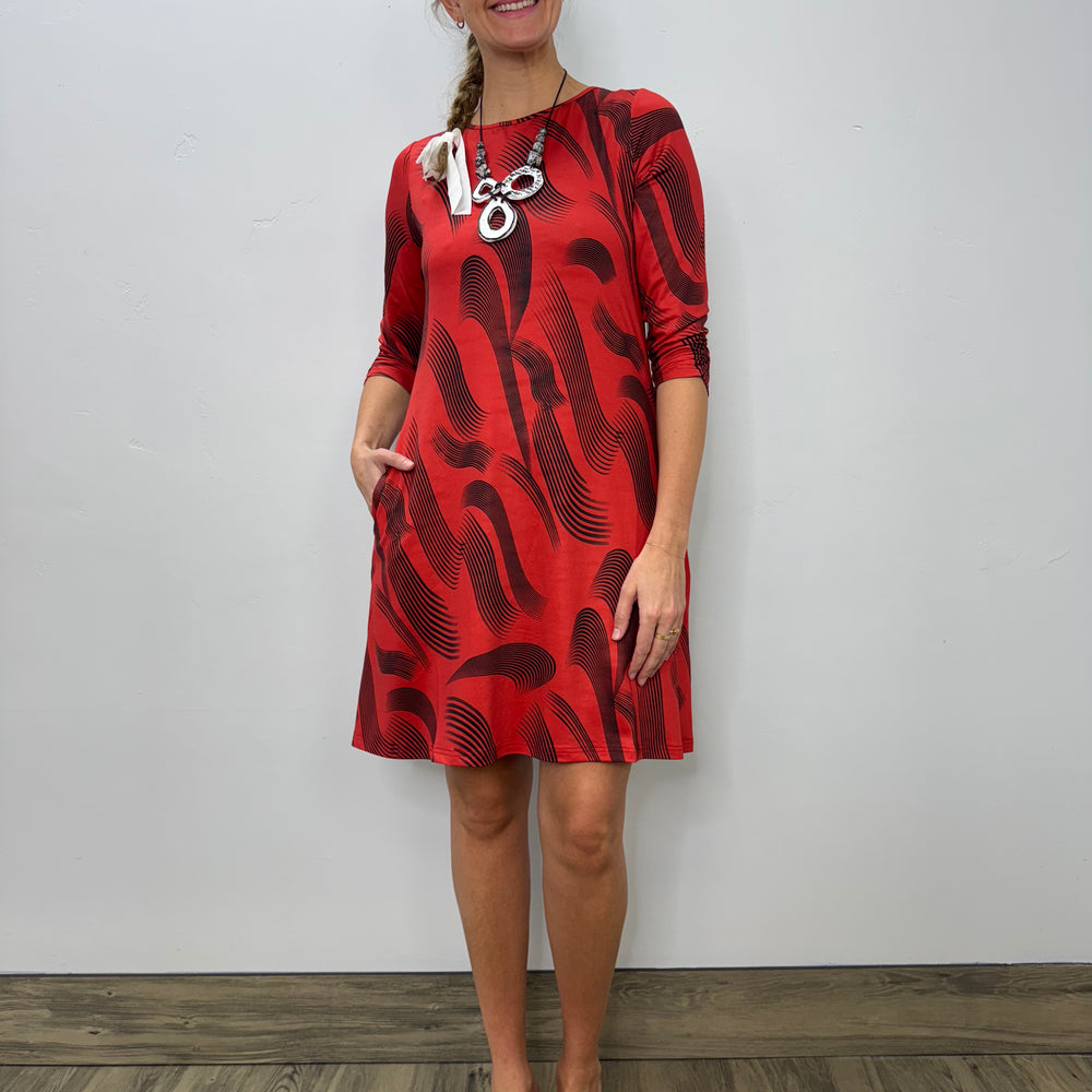 Red and Black Pattern 3/4 Sleeve 2 Pocket Dress