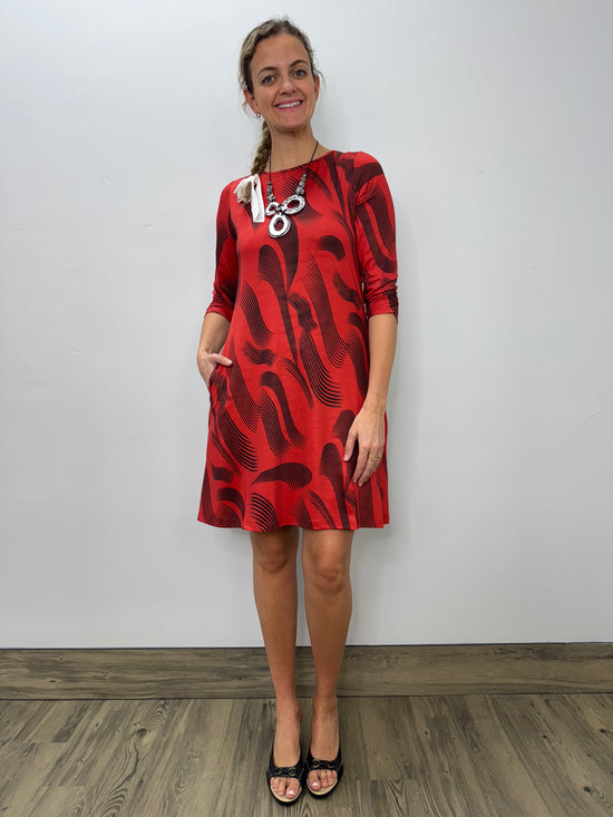 Red and Black Pattern 3/4 Sleeve 2 Pocket Dress