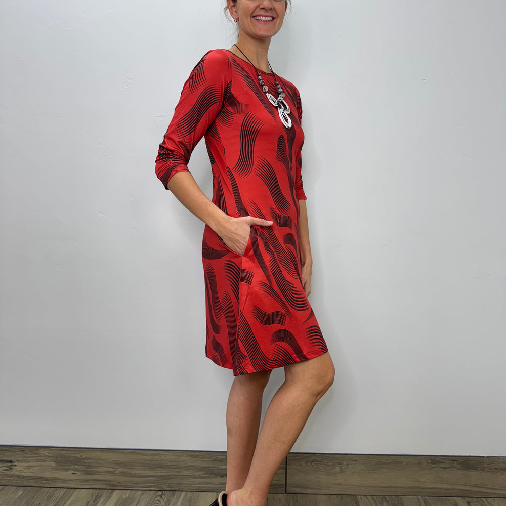 
                  
                    Red and Black Pattern 3/4 Sleeve 2 Pocket Dress
                  
                