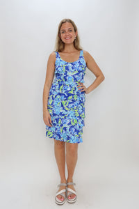 Blue and Green Floral Sleeveless Mesh Ruffle Dress