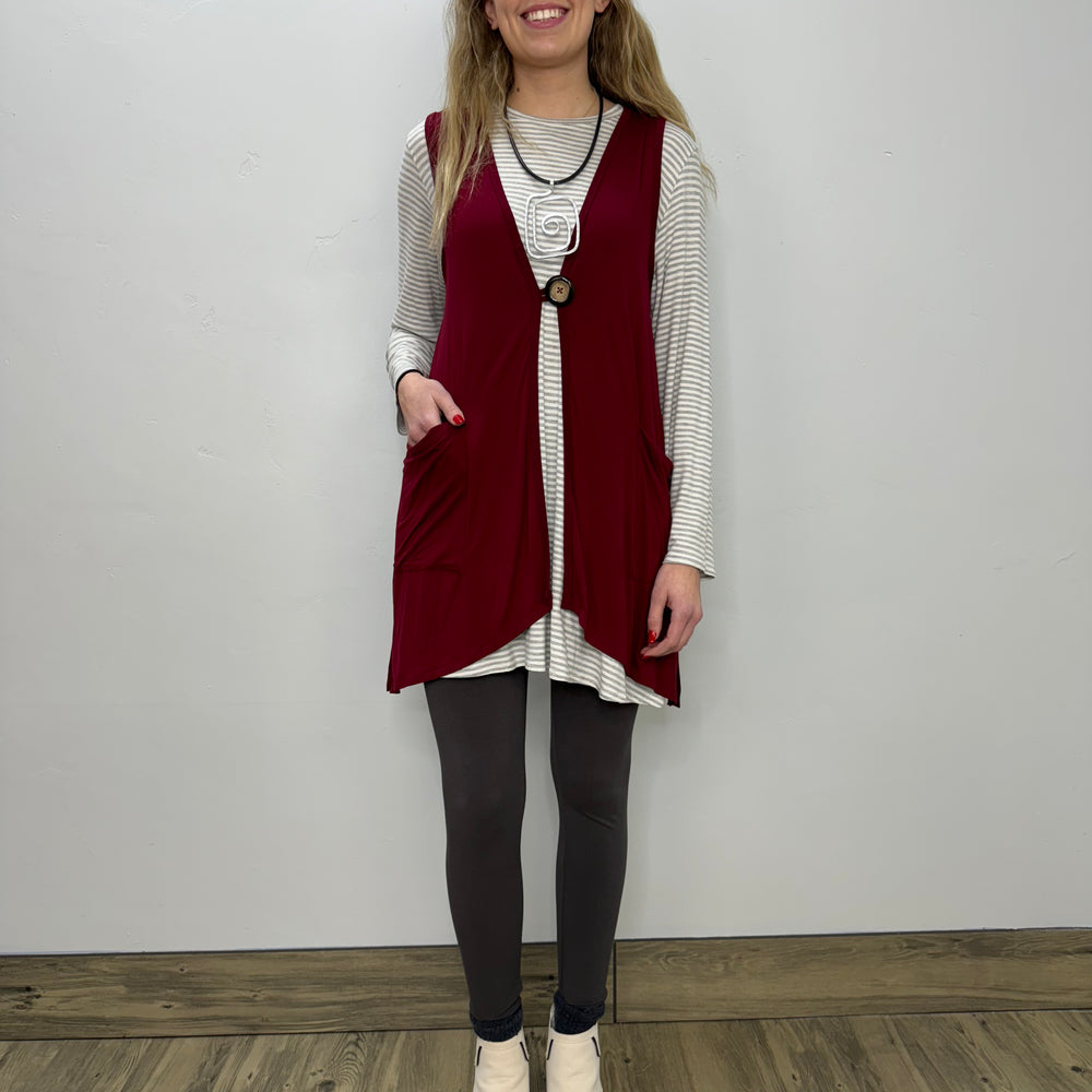 Modal One Button Vest with Pockets - Cranberry