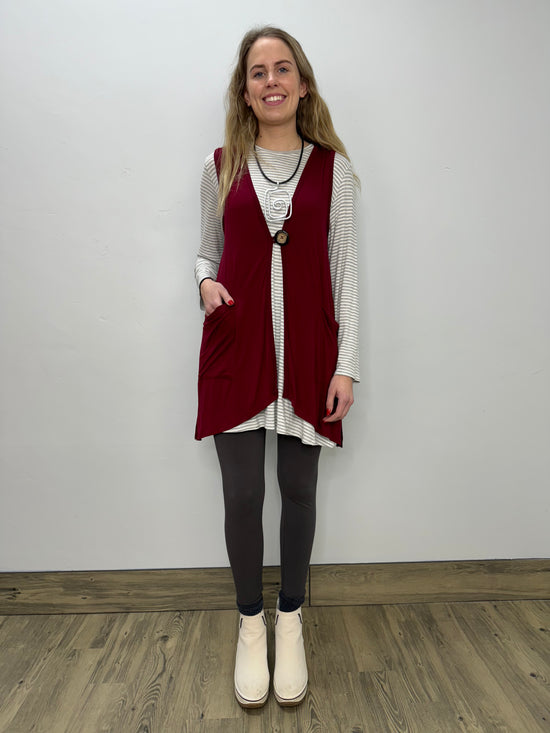 Modal One Button Vest with Pockets - Cranberry