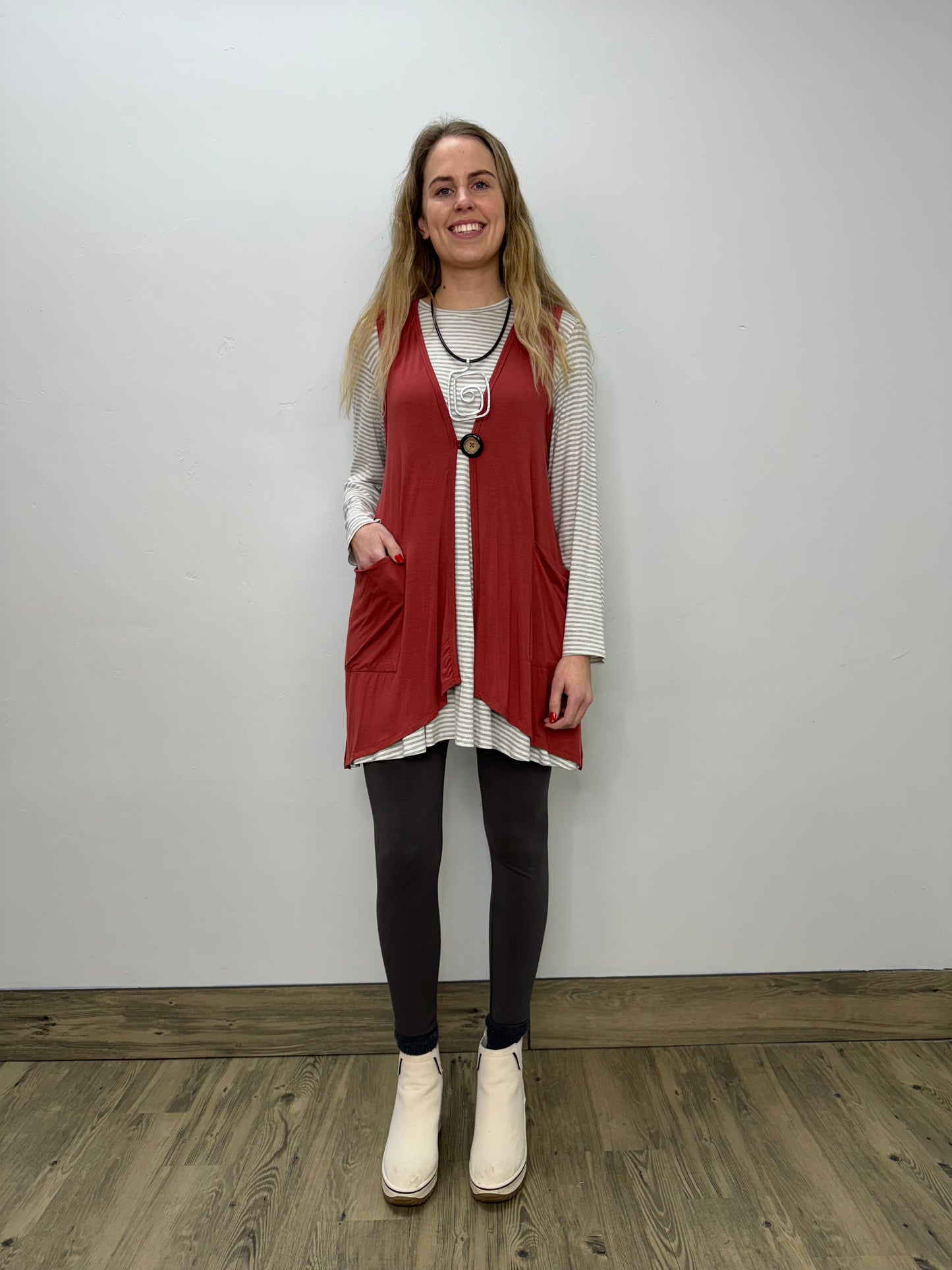 Modal One Button Vest with Pockets - Paprika