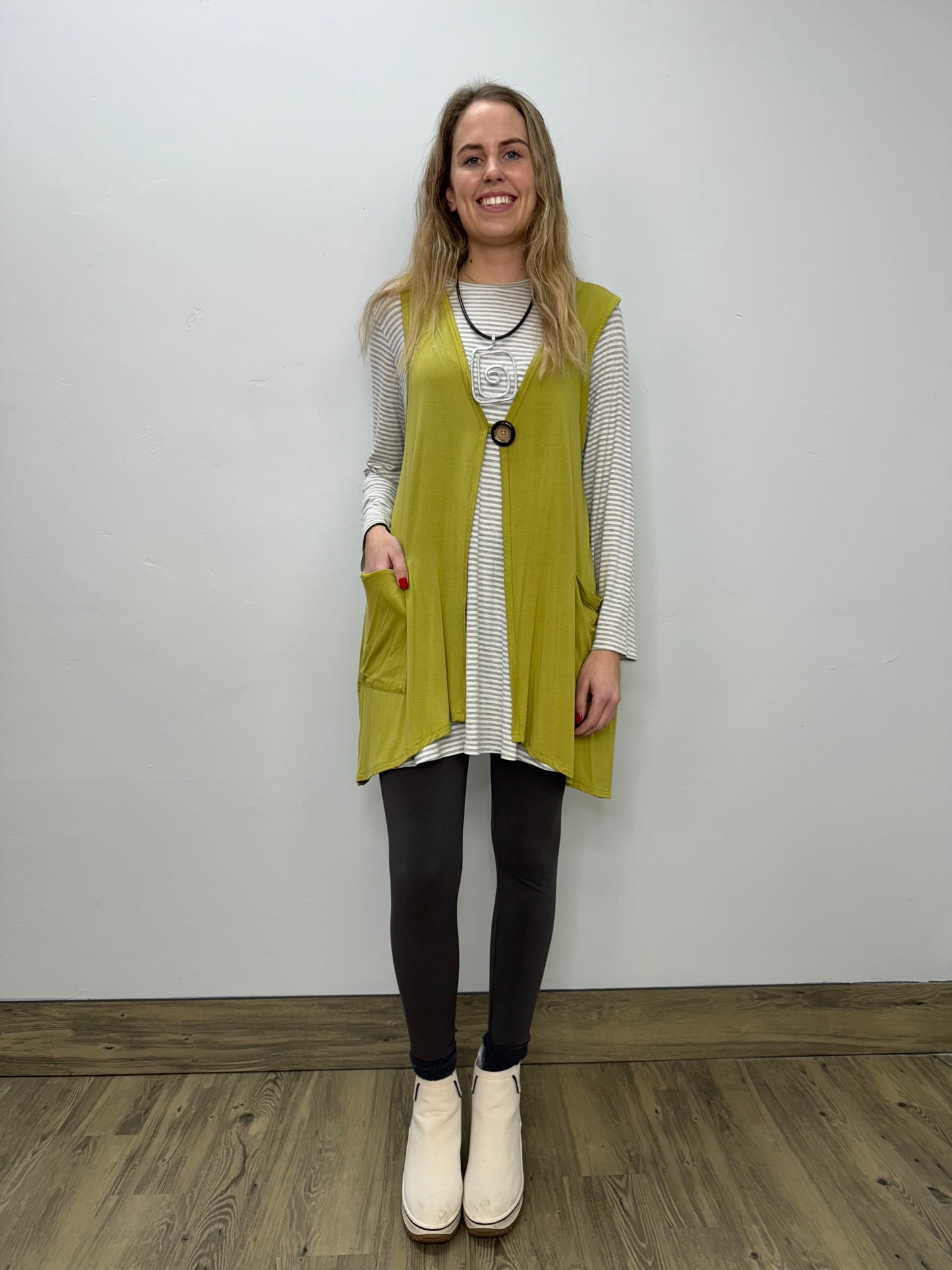 Modal One Button Vest with Pockets - Avocado