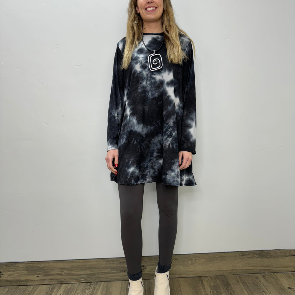 Long Sleeve Basic A-Line Tunic - Midnight Tie Dye