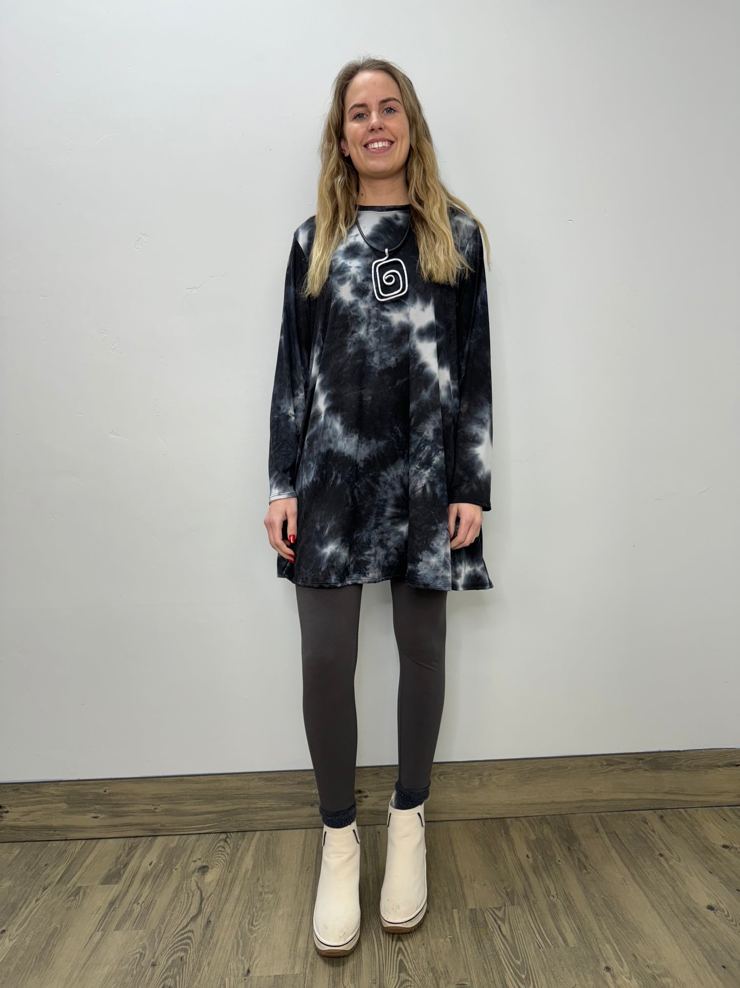 Long Sleeve Basic A-Line Tunic - Midnight Tie Dye