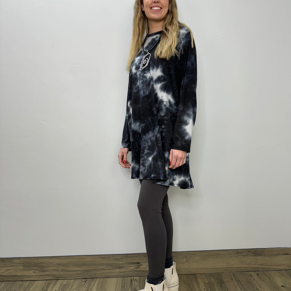 Long Sleeve Basic A-Line Tunic - Midnight Tie Dye