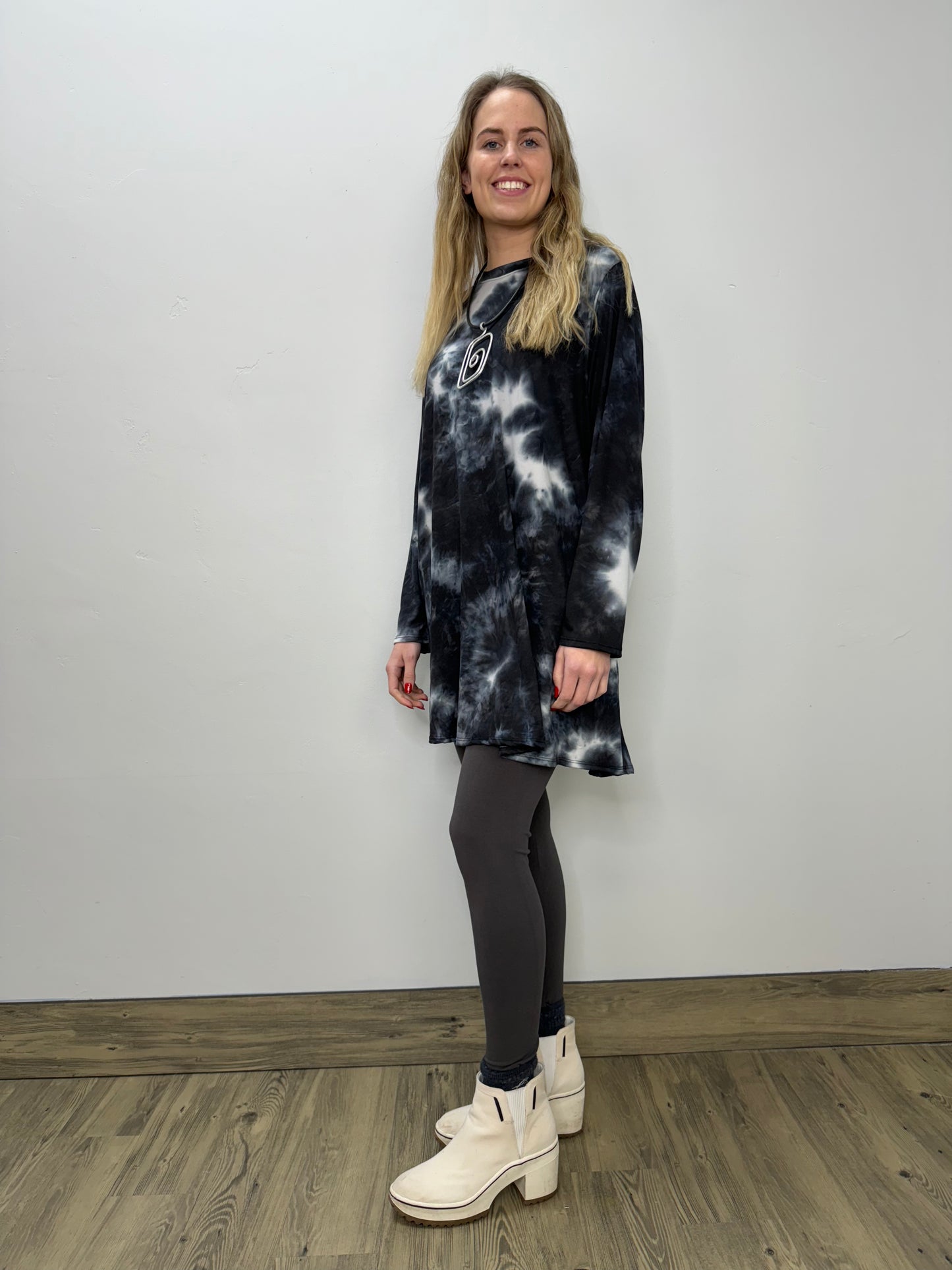 Long Sleeve Basic A-Line Tunic - Midnight Tie Dye