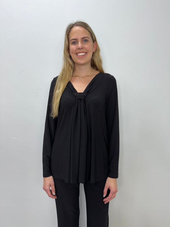 Black Long Sleeve Knot V-Neck Top