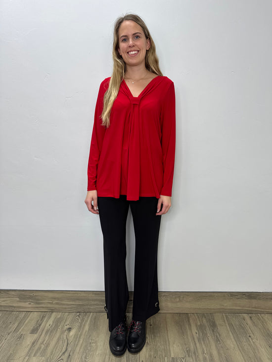 Red Long Sleeve Knot V-Neck Top