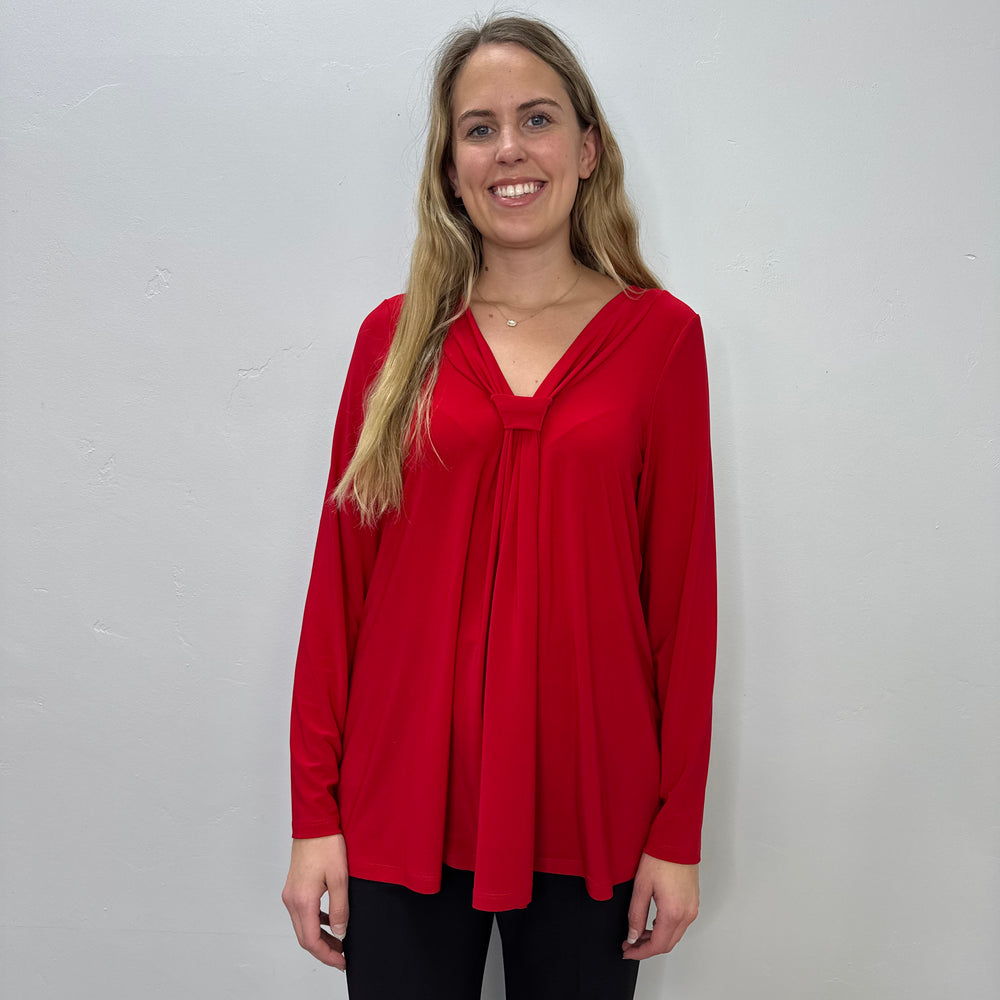 Red Long Sleeve Knot V-Neck Top