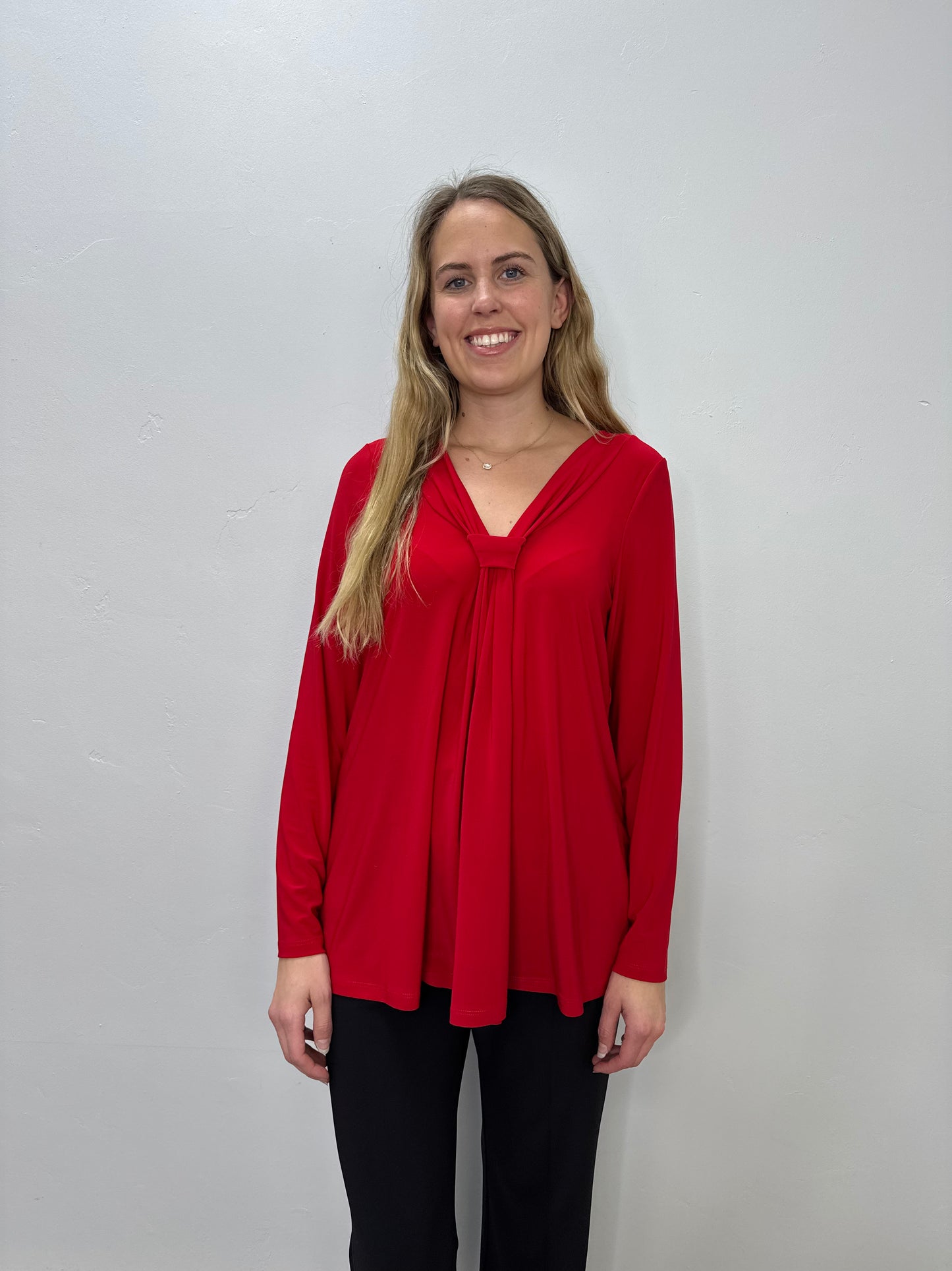 Red Long Sleeve Knot V-Neck Top