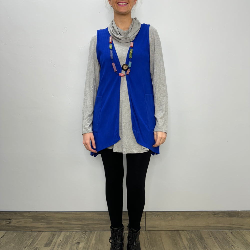 Modal One Button Vest with Pockets - Ribbed Royal