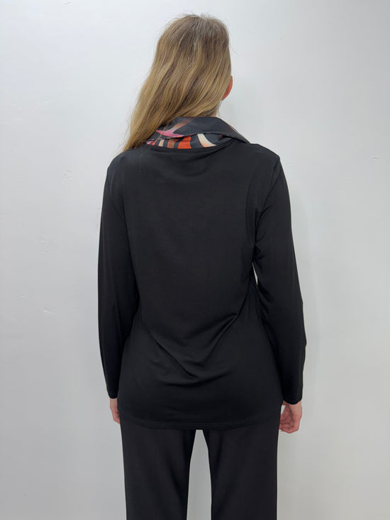 Black Long Sleeve Whimsical Zipper Cowl Neck Top