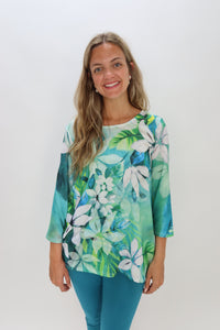 Green and Blue Floral Pattern Crepe Crew Neck Top