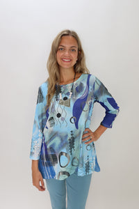 Whimsical Blue Shades Pattern Crepe Crew Neck Top