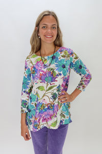 In the Garden Purple and Blue Pattern Crepe Crew Neck Top