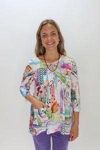 Artsy Multi Color Pattern Slub Crew Neck Top with Pocket