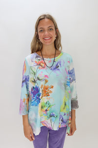 Soft Blue Floral Pattern Crepe Crew Neck Top
