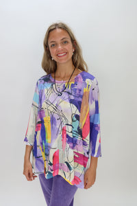 Purple Colorful Splatters Pattern Crepe Crew Neck Top