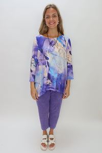 Purple and Blue Watercolor Pattern Crepe Crew Neck Top