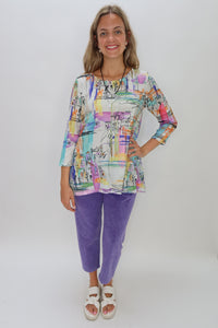 Purple City Scribbles Abstract Crepe Crew Neck Top