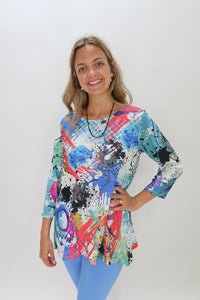 Colorful Graffiti Splatter Pattern Crepe Crew Neck Top