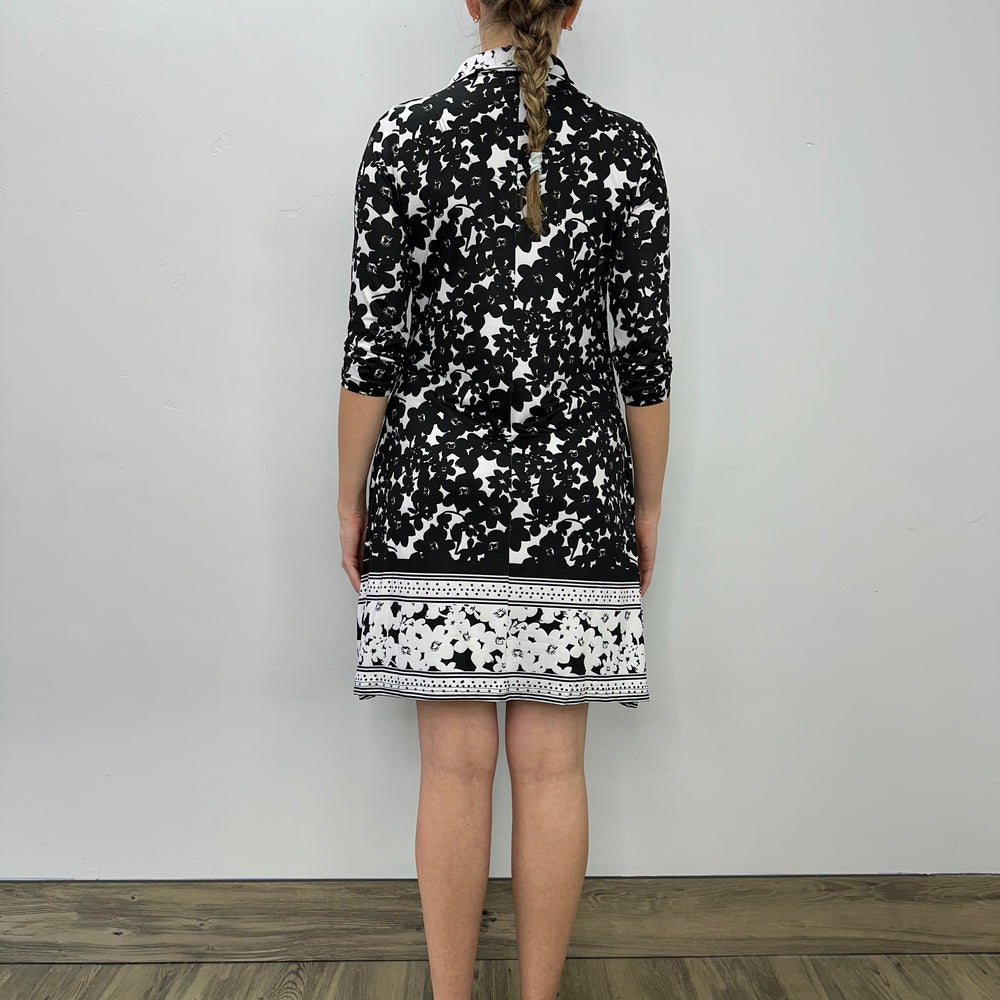 
                  
                    Black and White Floral 3/4 Sleeve Zip Up Dress
                  
                