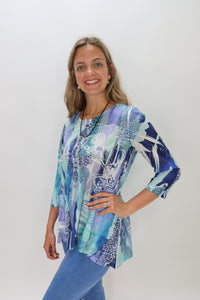 Shades of Blue Pattern Slub Crew Neck Top with Pocket
