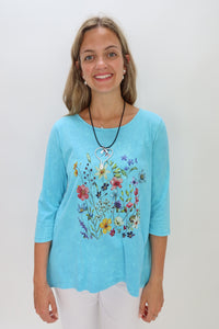 Turquoise Flowers Cotton Mineral Wash Tunic