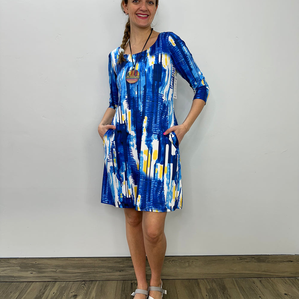 Yellow and Blue Pattern 3/4 Sleeve Dress