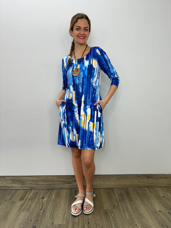 Yellow and Blue Pattern 3/4 Sleeve Dress